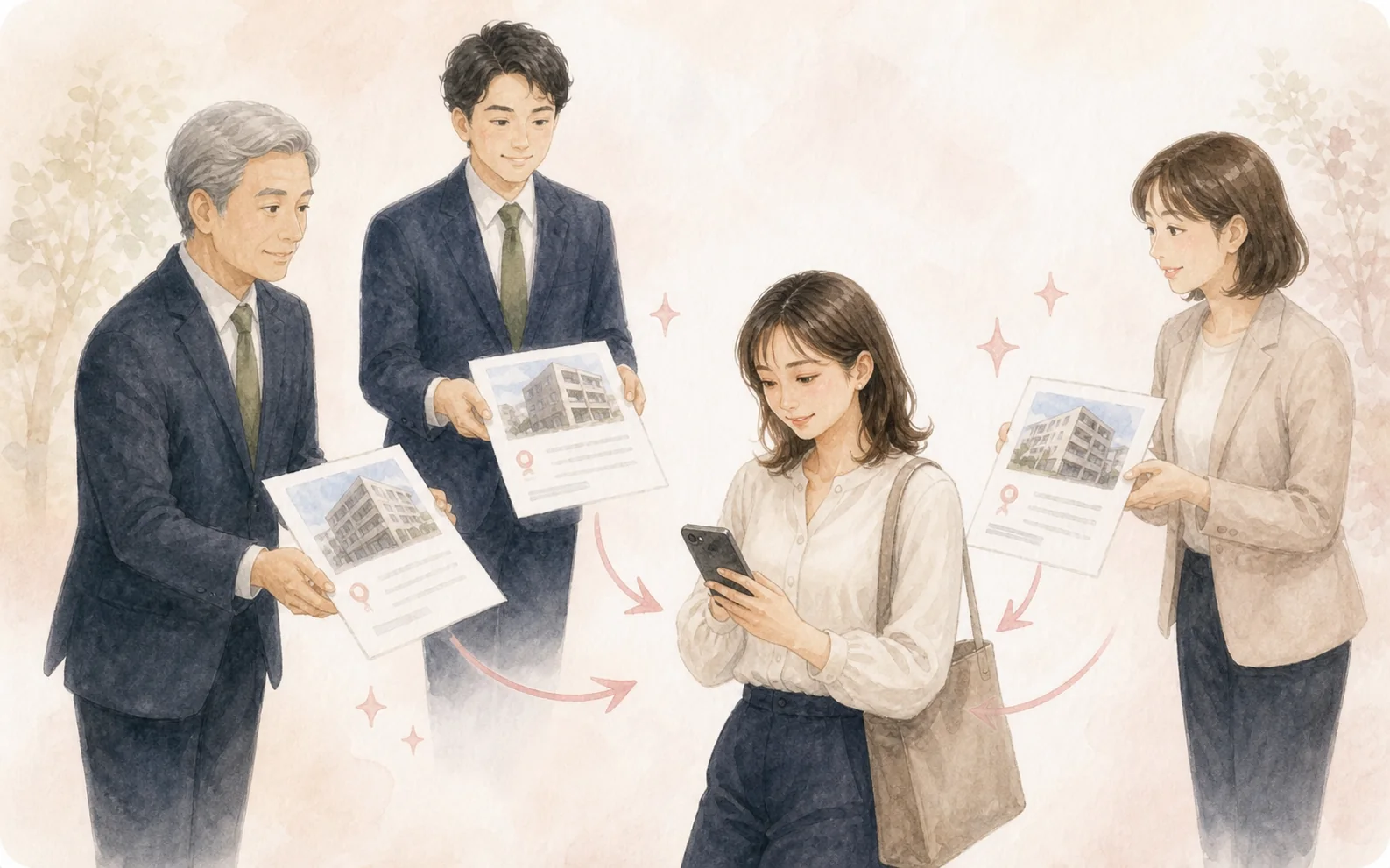 女性の周囲にいる3人の不動産担当者から、複数の物件提案が届く様子の水彩イラスト