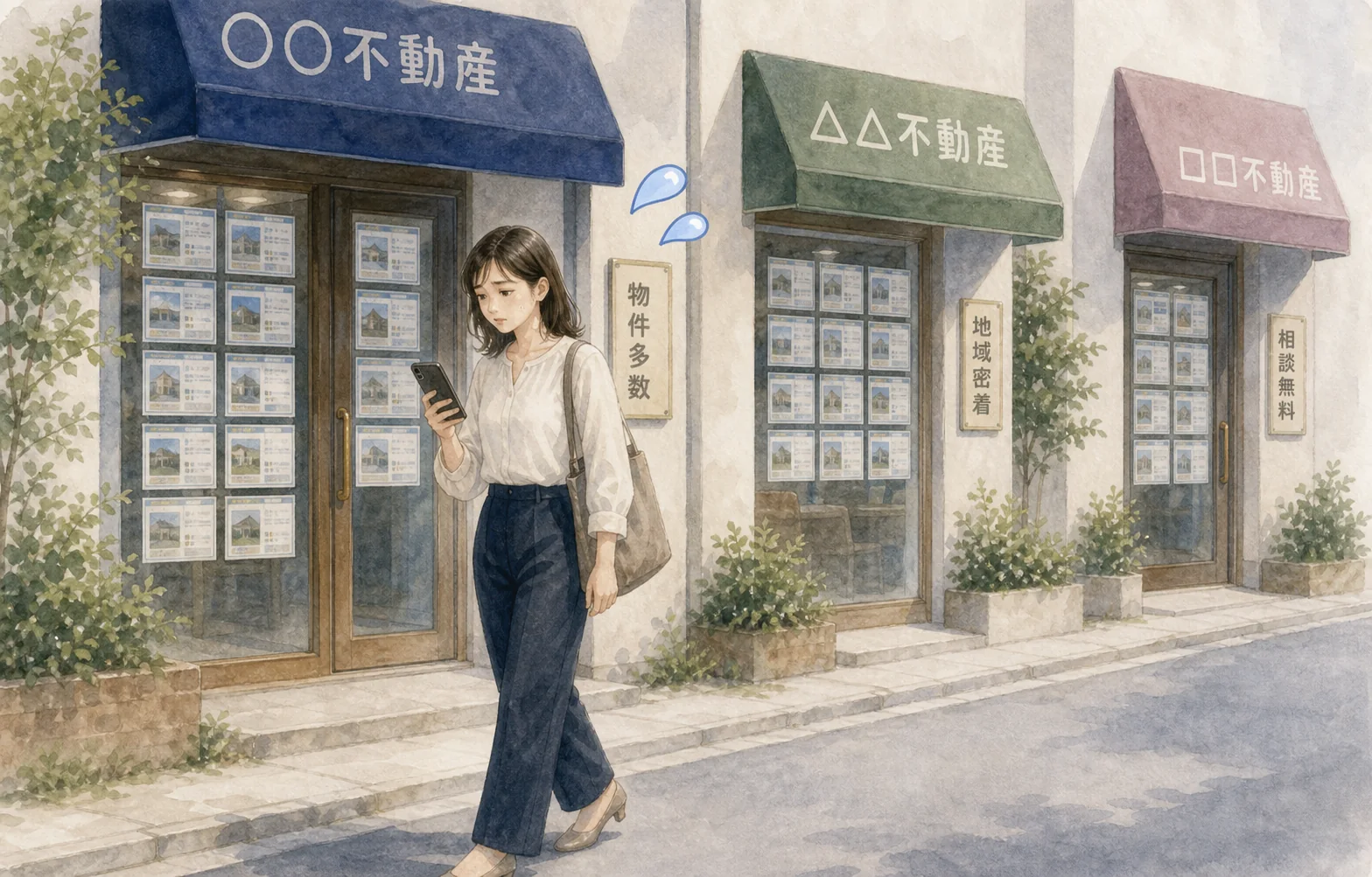 複数の不動産屋を回り、困った表情でスマートフォンを見る女性の水彩イラスト