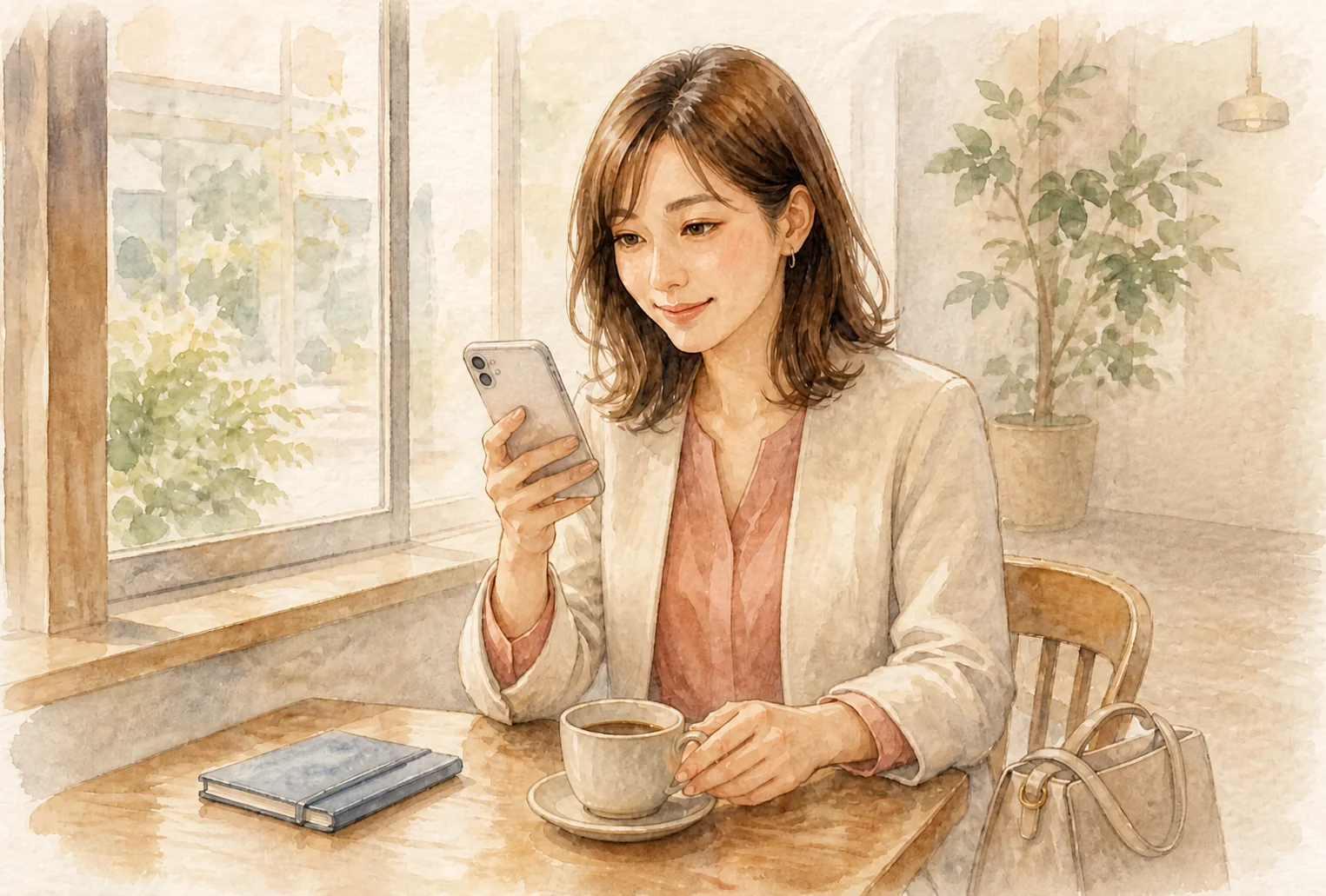 カフェの休憩時間にスマホで提案を見る女性