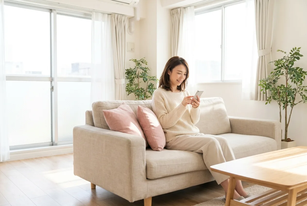 明るい部屋でスマホを見てほっとする女性