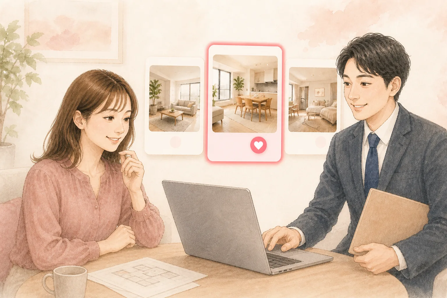 STEP4 担当者と一緒に、提案された物件を比較して選ぶイラスト